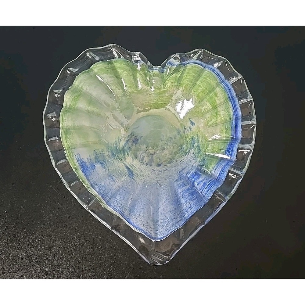 Murano? Art Glass Centerpiece Heart Bowl Basket Rainbow Swirl Ruffled‎ Handblown